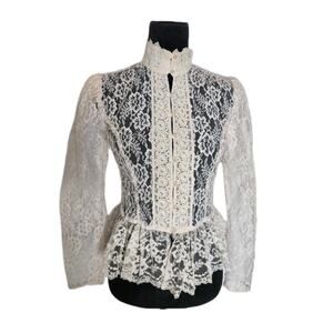 Vintage Victorian Style Lace Blouse High Neck Peplum Sheer Top No Tags Read